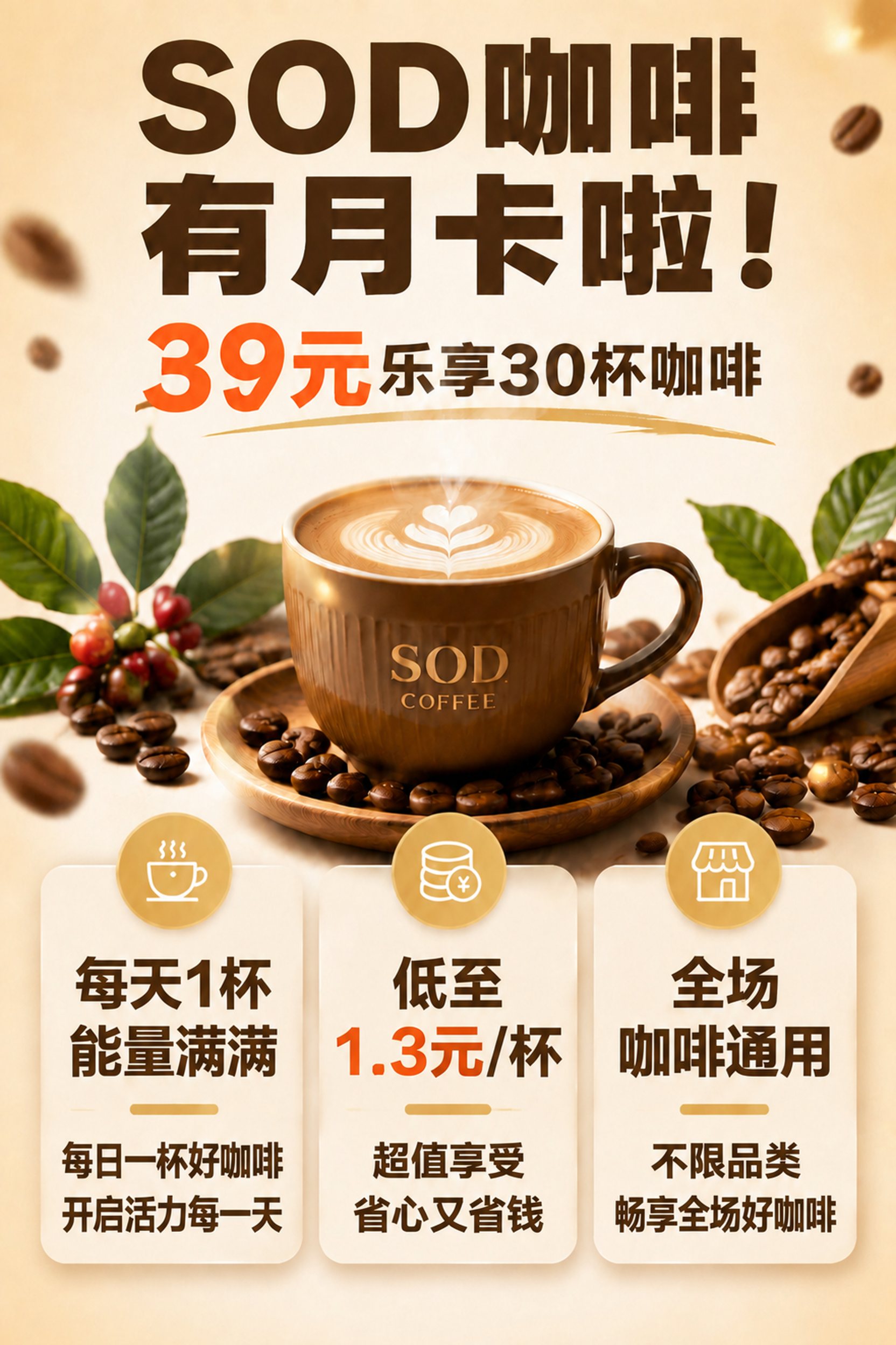 基于这张咖啡月卡海报进行修改：1. 去掉底部的二维码占位符和"… - 图片创意预览