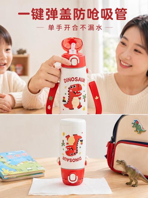 根据保温杯的主图生成图片，以下是我的分屏词：第 1 屏
主标题：萌趣恐龙保温杯
副标题：宝宝随身饮水神器
画面需求：实景主视觉实拍，纯白桌面摆放完整保温杯，浅粉色柔和渐变背景，红色背带自然舒展，柔光阳预览效果