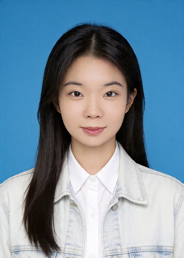 保留第一张图中人物发型､脸型､年龄特征生成武官标准证件照；人物主体严格居中，头部大小与位置严格对齐第二张图，双肩水平平衡，面部中轴线对齐画面中心，正视前方；标准证件照构图，人物绝对居中；头顶上方距离上边缘高度10%，下巴距离画面下边缘高度30%，人物主体占比约68%；肩部平展与画面水平轴平行；头部占比严格对齐第二张图。提亮肤色，消除暗沉，清透裸妆，隐形毛孔，均匀肤色，唇色自然提亮；肤色白皙细腻，轻透裸妆+微微提亮；底妆轻薄服帖；淡妆：极细内眼线，唇色微微润泽；眼神澄澈，看向镜头，气质自信，嘴角微微上扬表情自然；耳廓可见度一致；肩部平展，肩线与画面水平轴平行；头肩比例协调呈现；免冠，不戴帽子，无头饰，无发带，露出双耳，不遮挡眉毛，整洁，发色自然。身着浅色牛仔外套，内搭白色衬衫，不戴眼镜，无胡子，面部无痣，消除面部瑕疵，去除包包肩带，去除胸前装饰。柔和正面顺光均匀柔光，面部明亮无硬影，背景均匀提亮，画质清晰，零噪点降噪；面部清晰；背景亮度均匀统一；高清锐利画质，细节清晰可见；零噪点处理；色彩还原自然，均匀柔和布光，无明显阴影，面部光影干净，柔光正面打光，自然光影过渡，皮肤质感细腻，哑光质感。标准焦段50mm，纯正面，入境范围头部至胸部以上区域，F/4光圈(兼容F/2.8-F/4区间)，平视视角(镜头与人物视线完全齐平)，正视视图；人物绝对居中(居中构图)，位于画面中心；严格限定标准证件照规格；视线水平(瞳孔连线与画面水平线平行)；双耳对称露出，双肩水平且平衡，头部占比严格对齐垫图，禁止大头照(画面铺满画布，无边框留白)；专业证件照质感，高清人像质感，细腻皮肤纹理，严格按照第一张图内容生成，分辨率4K，极简纯色蓝色背景，禁止裁切头顶，禁止额头被截，禁止超大头，禁止主体溢出画面，禁止偏头/倾斜，头顶上边距8-10%，头部高度60-68%，双眼高度56-58%，严格对齐第二张垫图，画面比例5:7