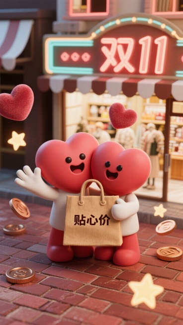 砖红 + 深棕 + 米白为主色调。2个哑光描边爱心（砖红）贴在一起，手里拿着牛皮纸复古购物袋，购物袋上写着“贴心价”。开心的表情在打招呼，飘浮着很多霓虹星星 / 丝绒爱心 / 铜色硬币元素。背景是一座预览效果