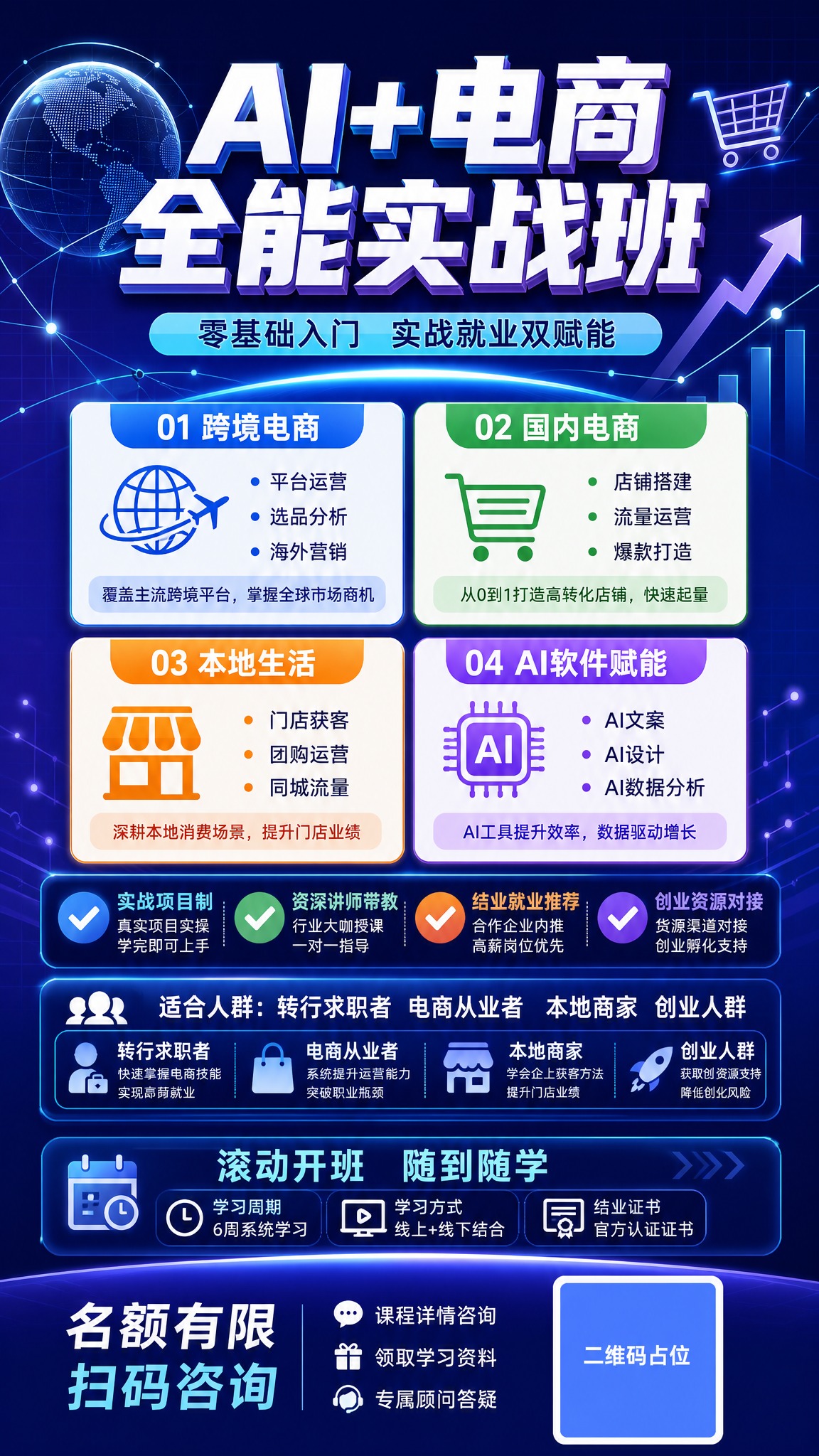 设计一张9:16竖版课程招生海报，现代扁平科技插画风格，深蓝紫… - 图片创意预览