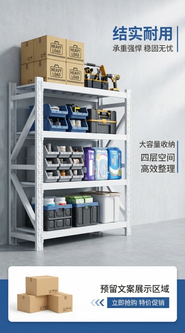 货架店铺装修宣传海报，突出这款白色四层置物货架，展示其结实耐用、大容量收纳的特点，整体风格简洁现代，适合电商店铺装修使用，预留文案展示区域预览效果