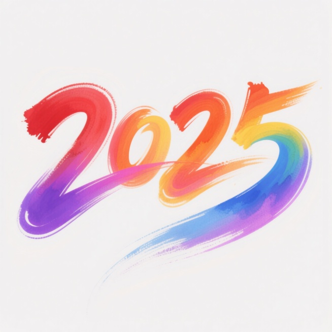 数字艺术风格的“2025”艺术字设计，采用鲜艳流动的彩虹渐变色彩，主要包含红色、橙色、黄色、蓝色和紫色，笔触呈现出富有动感的水彩般透明晕染效果，边缘带有柔和的白色高光和朦胧的虚化处理，整体构图居中，数字之间通过流畅的曲线笔触自然连接，形成充满活力与律动感的视觉效果，背景为纯白色，突出字体的色彩与笔触美感，整体氛围欢快明亮、充满希望与活力。预览效果