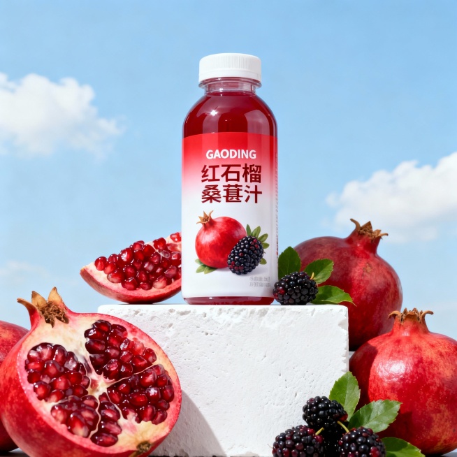 商业产品摄影，低角度平视视角，红白色渐变瓶身的红石榴桑葚汁饮料放置在简洁的白色石膏展台上；瓶身印有 “GAODING红石榴桑葚汁” 文字及红石榴、桑葚图案，瓶旁环绕新鲜切开的红石榴（露出饱满果粒）、完预览效果