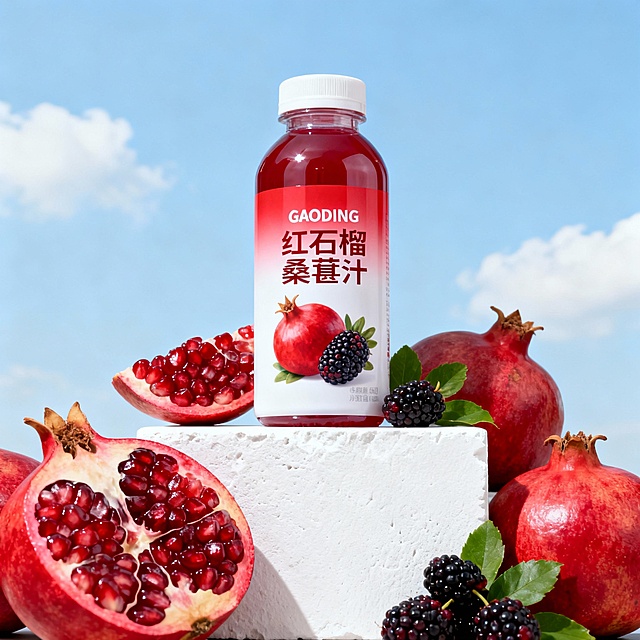商业产品摄影，低角度平视视角，红白色渐变瓶身的红石榴桑葚汁饮料放置在简洁的白色石膏展台上；瓶身印有 “GAODING红石榴桑葚汁” 文字及红石榴、桑葚图案，瓶旁环绕新鲜切开的红石榴（露出饱满果粒）、完整红石榴与带叶桑葚；背景是淡蓝色天空 + 少量蓬松白云，突出瓶身光泽和水果的饱满质感；写实高清，色调鲜艳清新，食品广告风格，细节清晰无多余元素。