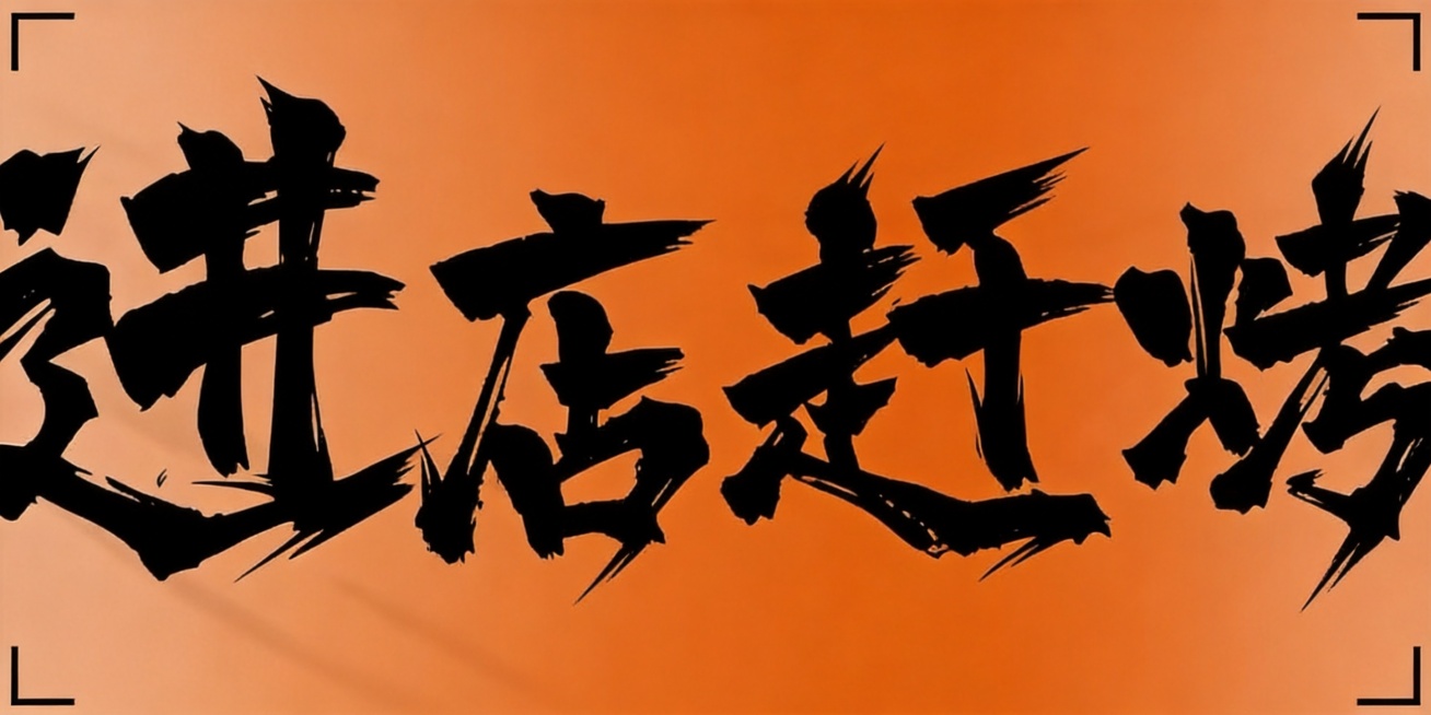 干净的暖橙色背景。平面艺术字体设计，四个字"进店赶烤"，国潮书法狂草体，毛笔蘸浓墨挥毫创作，笔画极粗重，笔画末端锐利斜切，字形夸张错位，狂野富有张力，黑色字体，画面中只能出现这四个字："进"、"店"、预览效果