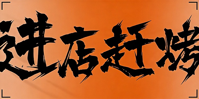干净的暖橙色背景。平面艺术字体设计，四个字"进店赶烤"，国潮书法狂草体，毛笔蘸浓墨挥毫创作，笔画极粗重，笔画末端锐利斜切，字形夸张错位，狂野富有张力，黑色字体，画面中只能出现这四个字："进"、"店"、"赶"、"烤"，不得增加、遗漏或替换任何一个字。文字整体必须完整呈现在画面内不可被裁切，四周留有安全边距。比例16:9