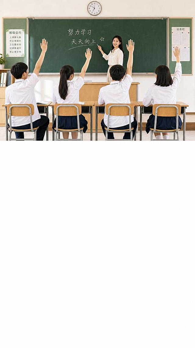 教室内，女老师站在黑板前，四名高中生学生穿着校服坐在课桌前，开心地高举着手，整体构图和原图保持一致，下方保留大面积空白区域