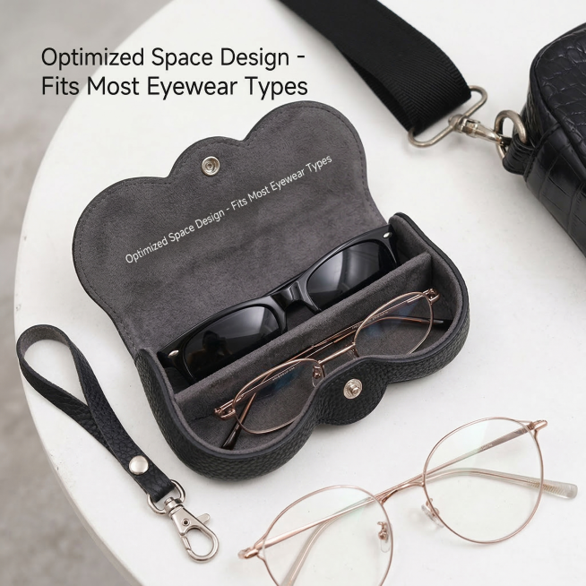 The sunglasses case is open, showing its slim, optimized interior space that fits most standard sung预览效果