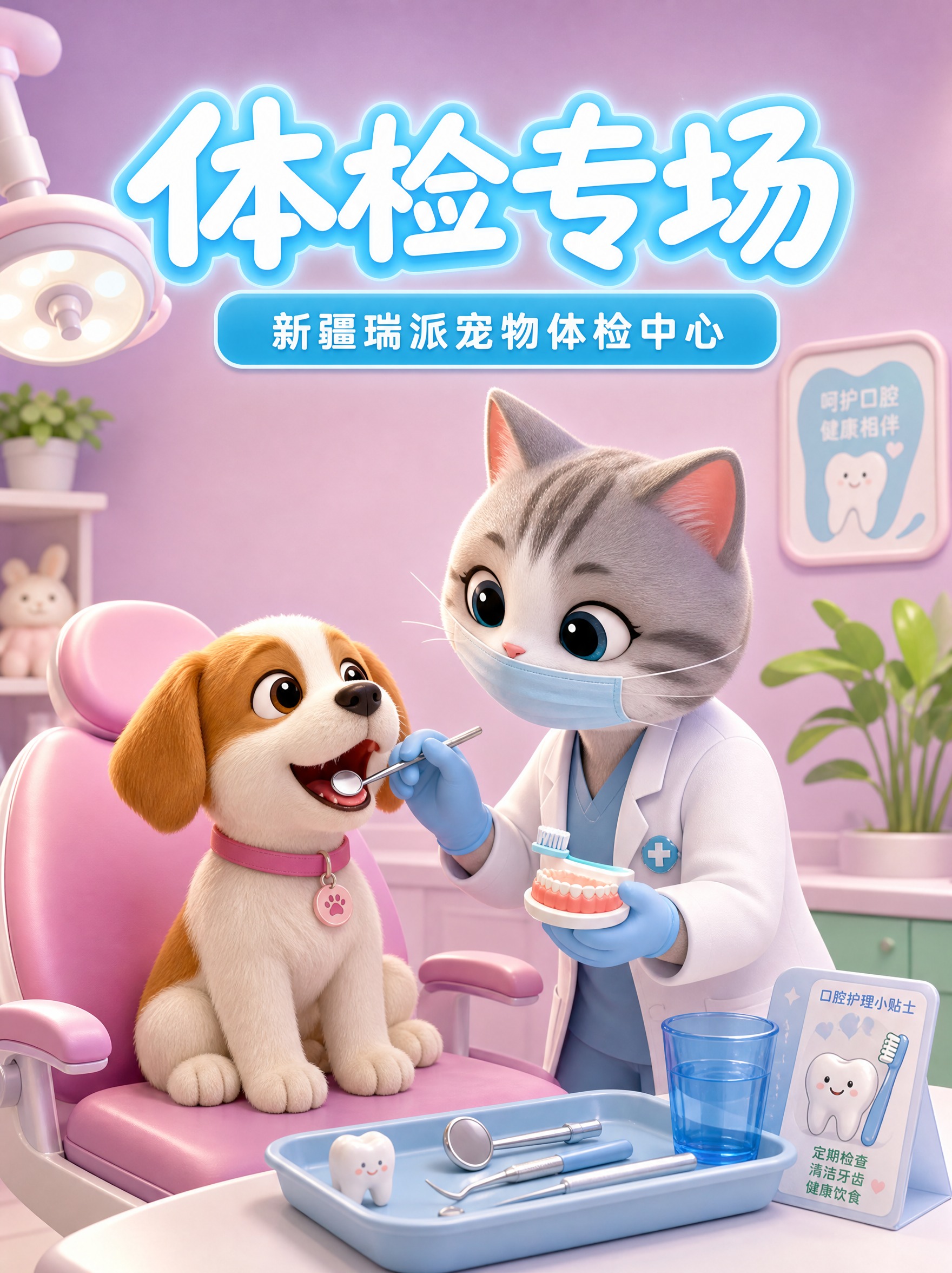 [主图-5] 猫咪医生为小狗做口腔检查的场景图，体现护理细节服… - 图片创意预览