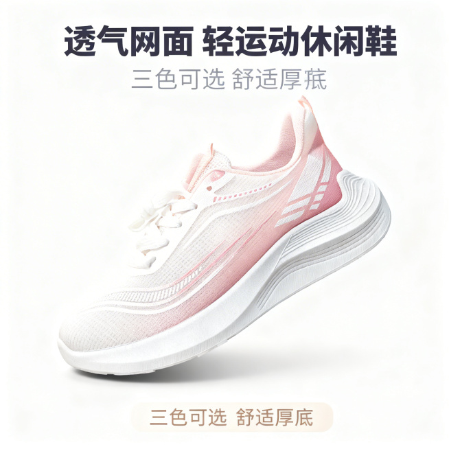 [主图 1] 渐变色网面运动鞋首图
[氛围风格] 简约清新商业风，高级感棚拍
[画面元素] 商业摄影质感、光线柔和通透、产品清晰真实、画面干净高级。粉色渐变运动鞋45°侧视居中放置，保持原有产品外观和预览效果
