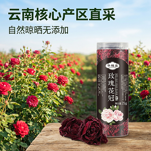 [主图 6] 源产地品质展示，食品类扩展策略；氛围风格：自然原生态，清新健康；画面元素：背景为云南玫瑰花种植园实景，近处摆放一罐玫瑰花冠产品和两朵干玫瑰花冠，突出自然种植源产地好货，自然光氛围，真实自然；配色色系：绿色园林背景搭配红色产品，对比和谐；视角构图：远景近景结合，主体产品在右下，背景园林虚化；文字版式：主标题“云南核心产区直采”深绿色粗体字放在左上，副标题“自然晾晒无添加”小字体放在下方，文字不遮挡主体；比例分辨率：1:1比例，2k分辨率。