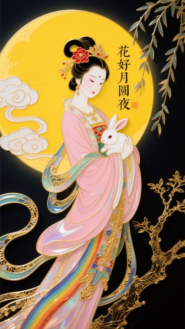 中国掐丝珐琅风格艺术作品，掐丝珐琅柔性材料为基底，融合云朵线条美学与Anselm Reyle华丽质感，极繁细节在光影下呈现出类似时尚装置艺术的材质实验效果。嫦娥身着淡粉色飘逸彩衣，丹凤眼、鹅蛋脸的黄金预览效果