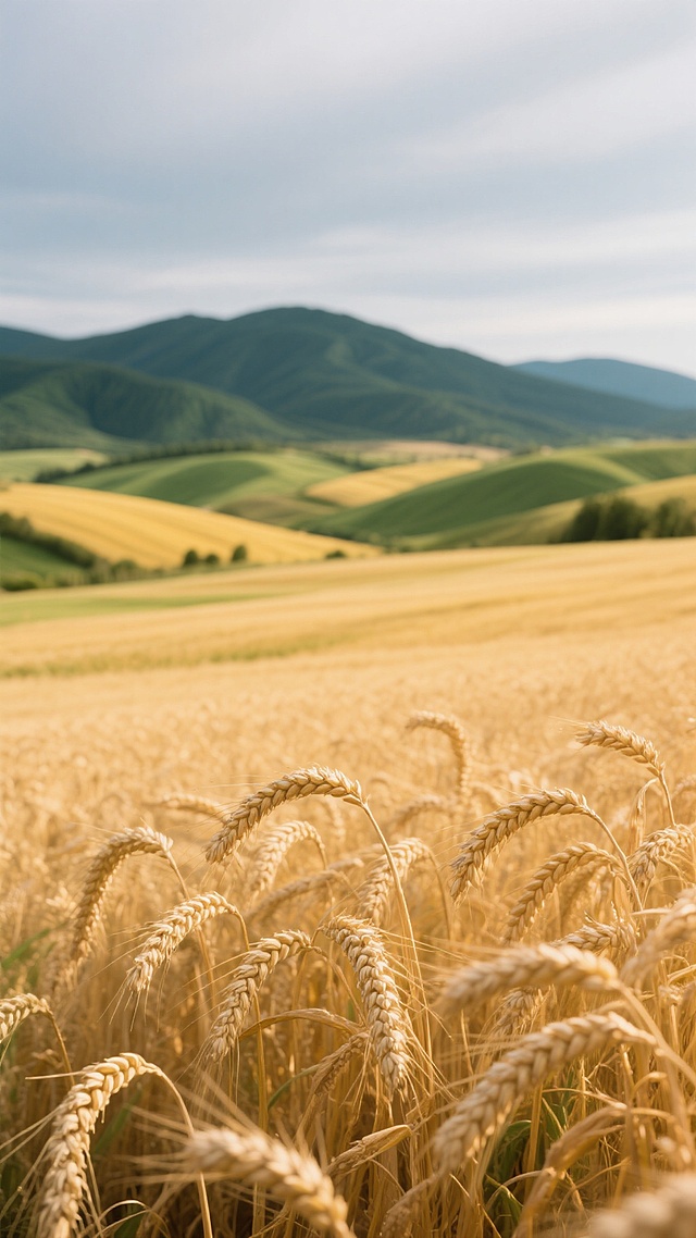 广阔的金色麦田，麦穗饱满低垂，在阳光下闪耀着温暖的光泽，前景麦穗清晰可见麦芒细节，背景是连绵起伏的绿色与黄色相间的丘陵，远处是深绿色的山脉轮廓，天空呈现柔和的灰蓝色调，整体画面采用写实摄影风格，光影层次分明，色彩自然和谐，营造出丰收、开阔、宁静的农业田园氛围，展现出富饶的农田风光。