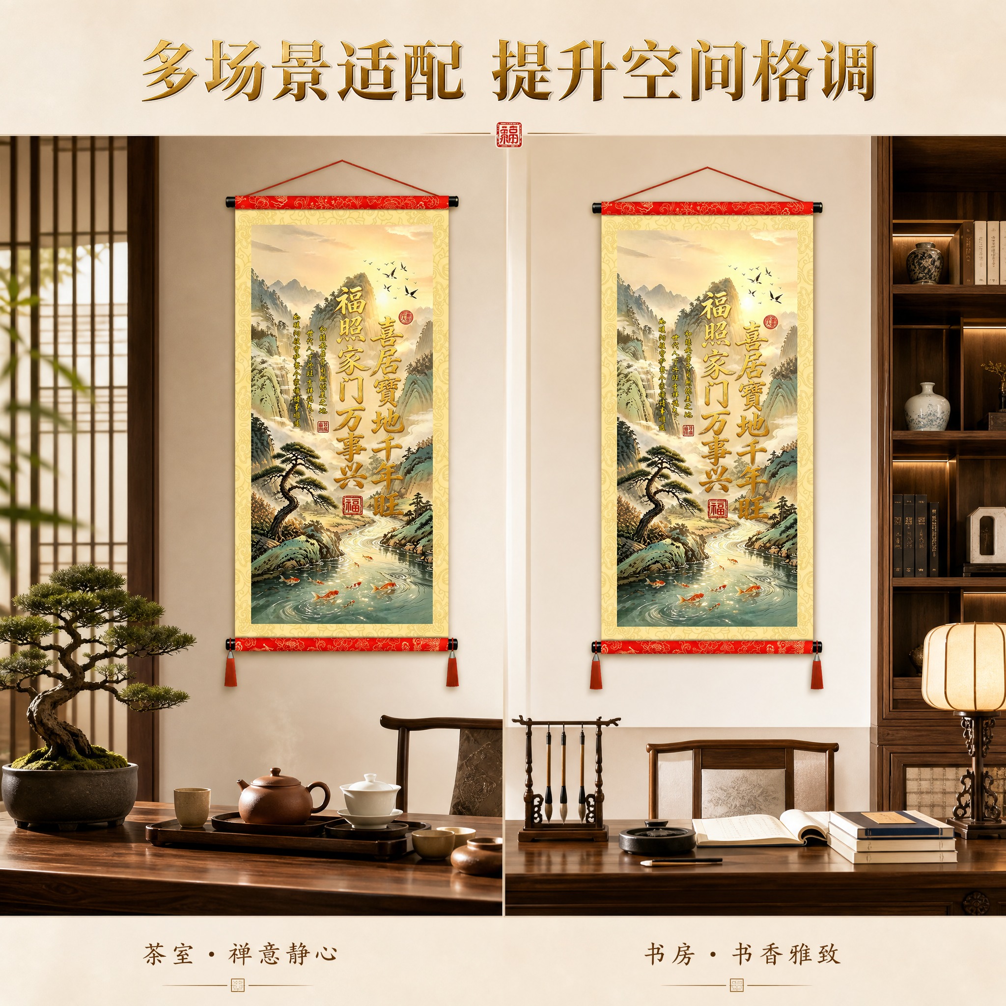 [主图-3] 正品山水福字卷轴挂画 茶室书房场景搭配图 唯一任… - 图片创意预览