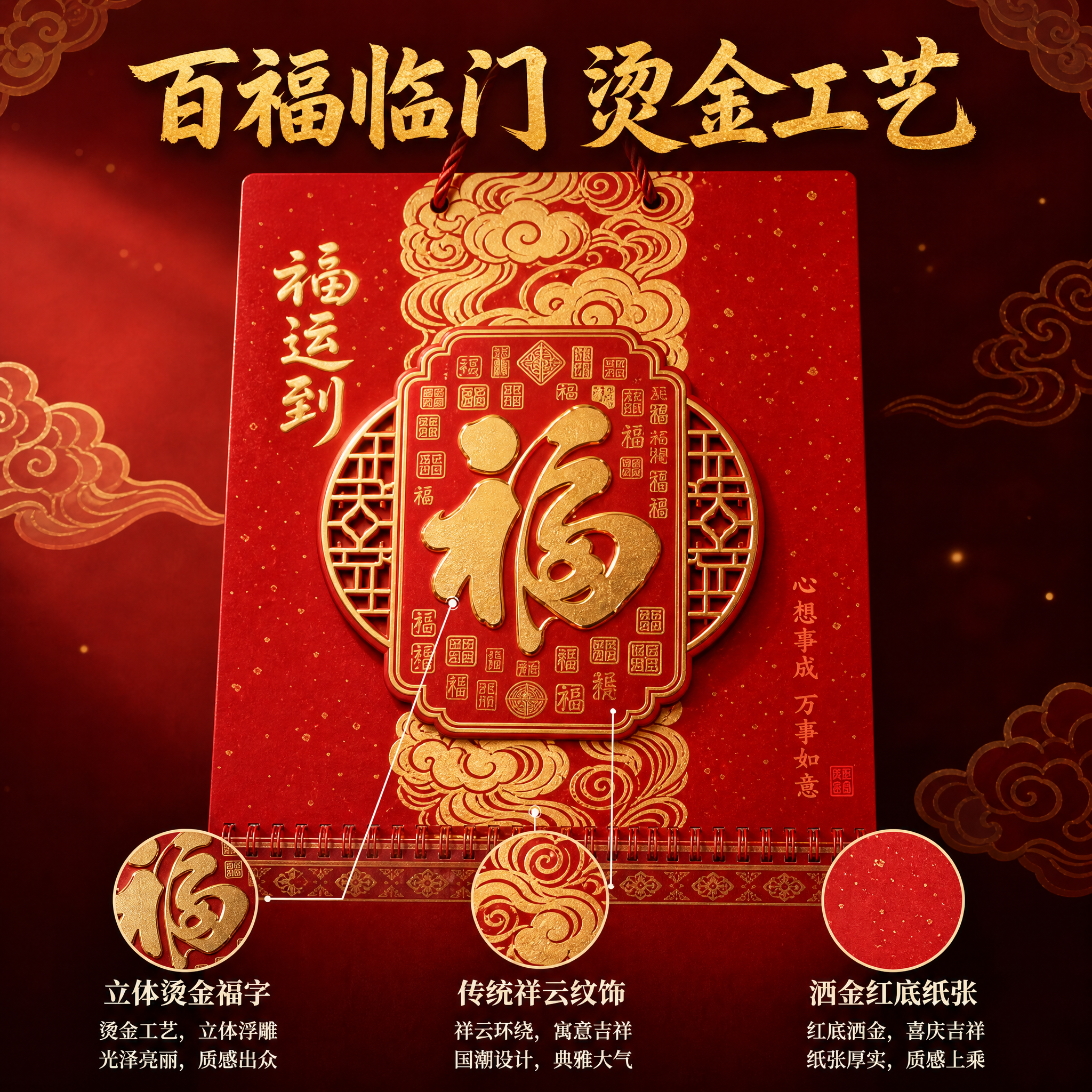 [主图-2] 核心卖点证明，展示挂历烫金工艺细节与百福临门设计… - 图片创意预览