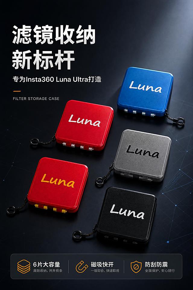[第1张] 详情页头图主视觉——影石Insta360 Luna Ultra滤镜收纳盒新品宣传海报。本张使用【图1】作为商品主体，【图5】作为辅助展示。
[氛围/风格] 科技数码风，高级简约，深色背景，商业摄影质感，突出精密防护与专业感。
[元素布局] 画面中央偏右位置摆放多色滤镜收纳盒矩阵（蓝、红、灰、黑四款错落摆放），占比约60%；左侧留标题区；底部悬浮信息条；背景为深灰渐变，点缀微弱科技网格线；收纳盒保持原图方形翻盖结构、Luna字样、挂绳挂扣，颜色与输入图一致。
[光影质感] 右上方主光照明，左下方辅光补光，产品边缘有清晰高光轮廓，底部柔和投影，整体明暗层次分明，金属质感与塑料纹理清晰。
[配色色系] 全局底色 #1A1A2E（深靛蓝灰）；主色产品多色（蓝/红/灰/黑）；辅助色白色文字、橙色点缀高亮。
[视角构图] 45°斜俯视，产品为视觉中心，阅读动线左上标题 → 中部产品矩阵 → 底部信息条。
[文字版式] 版式为左侧大标题 + 右侧产品矩阵 + 底部信息条。主标题「滤镜收纳新标杆」，副标题「专为Insta360 Luna Ultra打造」，两行黑体左对齐；标题下方小字英文「FILTER STORAGE CASE」；底部信息条三个卖点图标+文字：「6片大容量」「磁吸快开」「防刮防震」；文字不遮挡产品主体。
[比例分辨率] 2:3竖版比例，width=1200，height=1800，4K分辨率，文字清晰可辨，高清画质。
[负向提示词] 产品变形，缺件错件，颜色偏差，水印，文字错乱，产品图模糊，背景杂乱，Luna字样颠倒或错误。