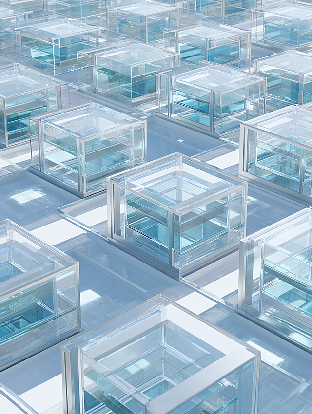 Clear geometric array in morning light, repeating modular units system, anodized aluminum and glass composite material, precise spacing between units, arrangement following mathematical proportions (golden ratio, Fibonacci sequence), some units with rotational variations, bright yet soft morning light, multi-directional diffuse illumination, clean transparent light quality, pure white with cool undertone background, light blue shadows for spatial depth, systematic aesthetics, modular design, mathematical art, digital constructivism, rational emotional expression --ar 3:4 --style raw --v 7 --s 220 --no chaotic random asymmetrical organic