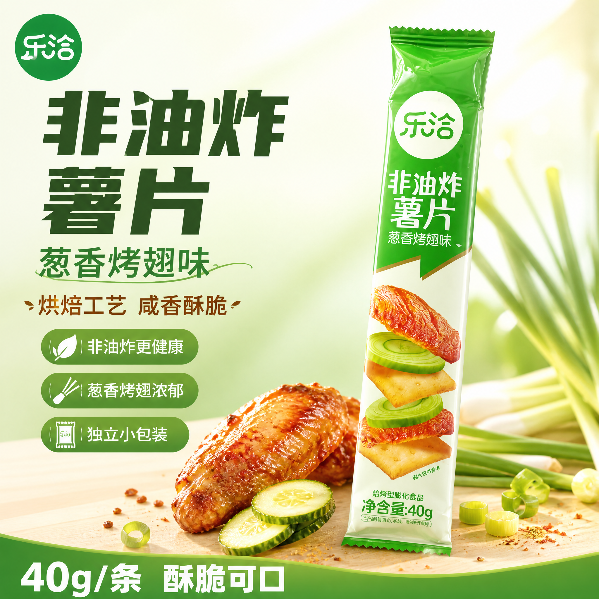 [单张主图] 乐洽非油炸薯片葱香烤翅味，爆款促销感主图路线，目… - 图片创意预览