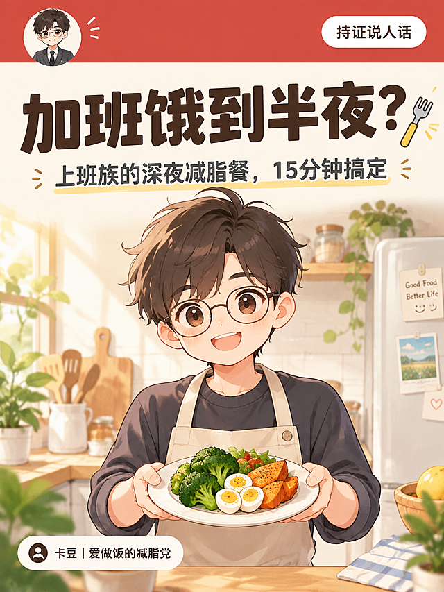 小红书笔记封面，3:4竖版，插图大字风格，ins清新奶油风，版式精美，小红书笔记封面质感。画面顶部红色通栏，左侧有Q版戴圆框眼镜穿深灰西装的商务男孩小头像，右侧白色圆角标签写着「持证说人话」。主标题为画面视觉中心，逐字锁定：「加班饿到半夜？」，字体为扁平粗黑体，深棕色，字号大。副标题：「上班族的深夜减脂餐，15分钟搞定」，字体稍小，深灰色。画面中下部：Q版卡通男孩系着围裙，双手端着一盘健康餐食（有西兰花、鸡蛋、红薯），微笑表情，背景是温馨的厨房环境。左下角白色圆角人设卡，内文：「卡豆｜爱做饭的减脂党」。背景：浅奶油米色渐变，温馨干净。装饰：1个小叉子emoji在主标题旁。整体氛围：温馨生活感、亲切分享。画质：高清细腻，信息层级清晰。