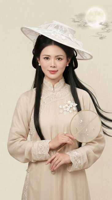 图中人物五官不变，年轻东亚女性全身古风人像，留着黑色长发，头戴白色大檐帽式发饰。身着浅米色汉服，领口与袖口有精致蕾丝花边，胸口处有白色花朵装饰。背景是浅米色的工笔画质感背景，右上角有淡墨云纹与朦胧圆月预览效果