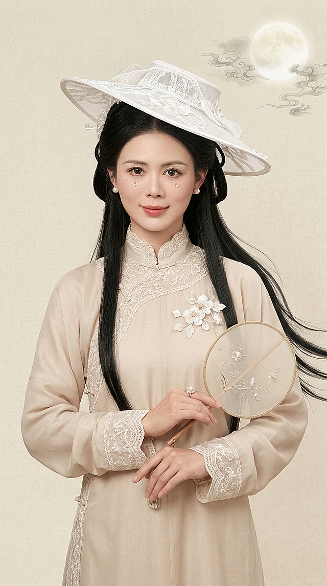图中人物五官不变，年轻东亚女性全身古风人像，留着黑色长发，头戴白色大檐帽式发饰。身着浅米色汉服，领口与袖口有精致蕾丝花边，胸口处有白色花朵装饰。背景是浅米色的工笔画质感背景，右上角有淡墨云纹与朦胧圆月，整体为传统工笔仕女画风格。采用柔和的漫射自然光，凸显出丝绸面料的顺滑质感与蕾丝的精致。整体风格超写实，细节丰富，呈现出空灵、诗意且永恒的中国传统美学风格