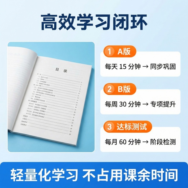 天猫1:1主图，核心卖点风格，蓝白色调干净清爽。展示书籍内页和目录细节，左侧放书籍实拍，右侧分三模块展示高效学习闭环。标题文案 "高效学习闭环" 加粗深蓝色大字体，三个模块分别：橙色标签1 "A版"预览效果
