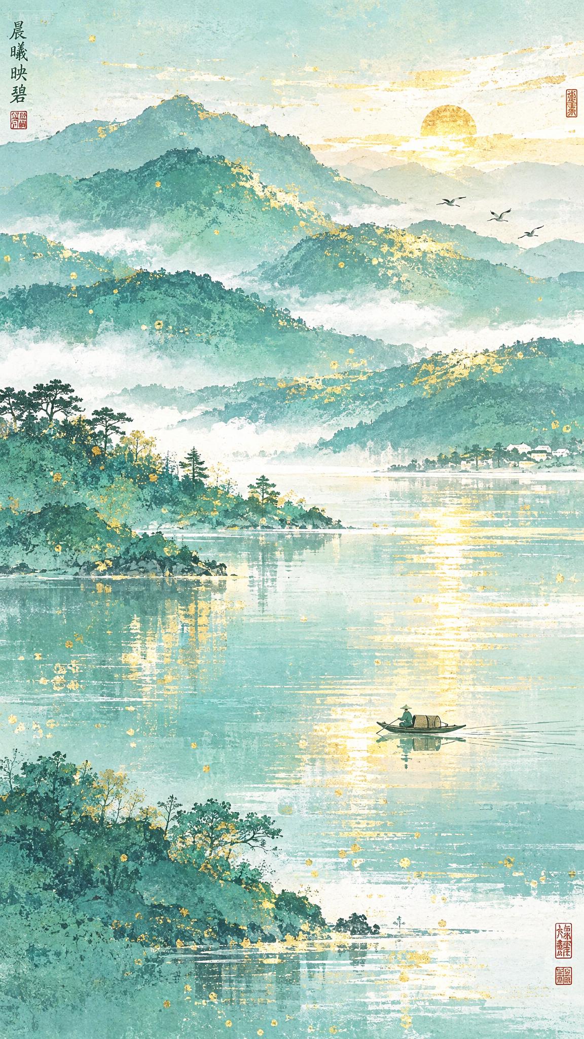 参考图的青绿山水国画风，重新创作一幅新的山水画面：清晨微阳初升… - 图片创意预览