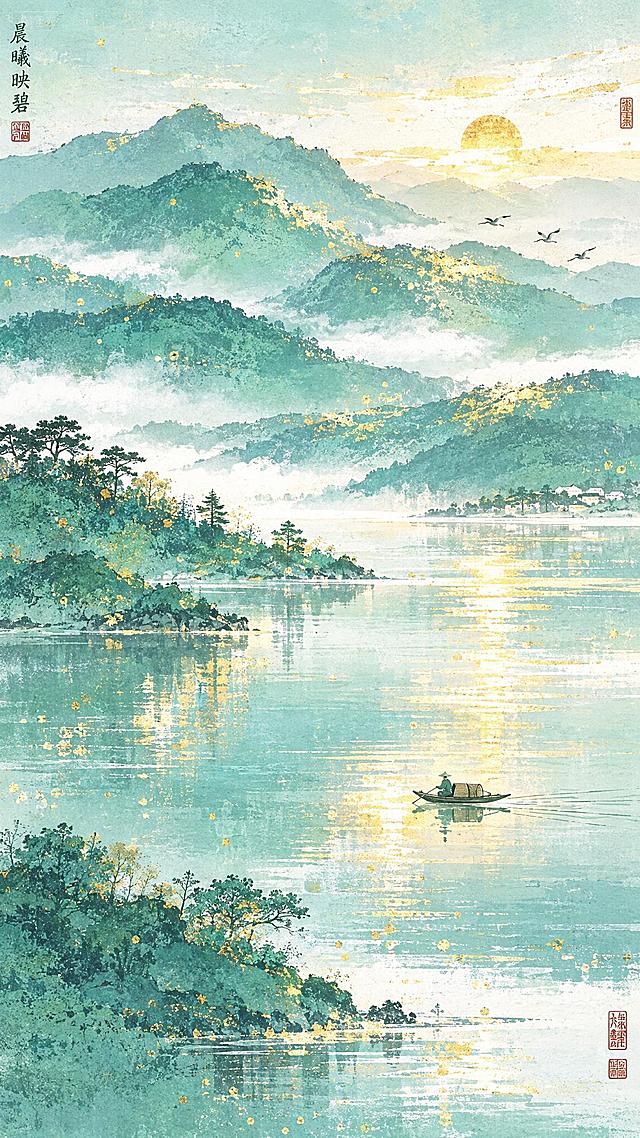 参考图的青绿山水国画风，重新创作一幅新的山水画面：清晨微阳初升，层叠青山如黛，湖水澄澈如镜，金色晨光洒在山峦与水面上，泛起粼粼金辉，一叶扁舟泛于湖上，飞鸟掠过天际，整体意境悠远宁静，寄寓晨曦般的光热与希望。保留参考图的青绿色调、金箔洒金质感、水墨晕染笔触、东方传统山水画意境，以及留白和印章装饰元素，画面构图全新设计，不照搬原图布局。