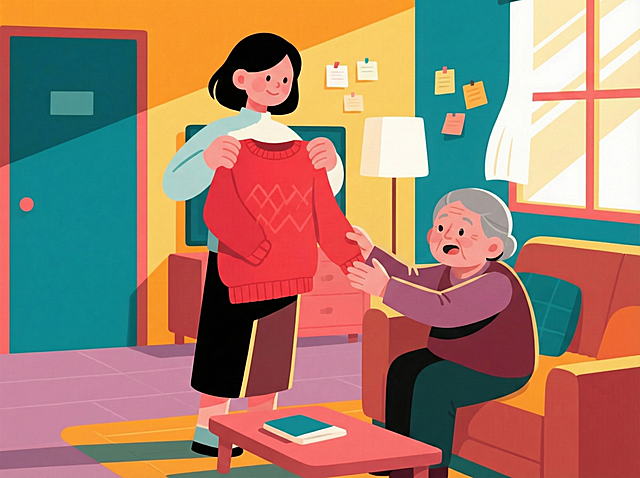 姥姥坐在沙发上伸手去摸毛衣并停留了一会儿说：你看，想着给你织毛衣织毛衣，我都忘了已经织过一件了。