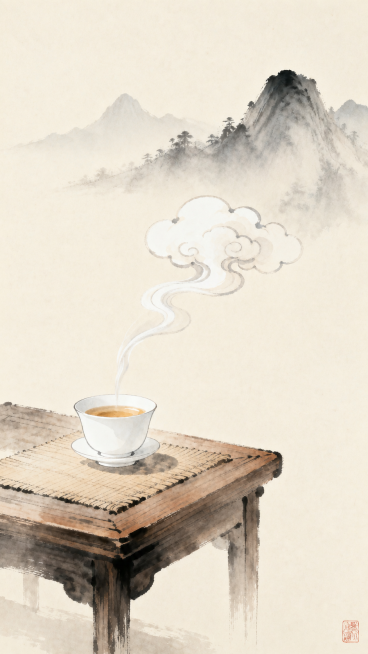 禅意留白风，浅色宣纸背景，简约茶席，白色茶具，一杯清茶置于木桌，一缕茶烟袅袅升起如云朵，背景是朦胧远山，水墨晕染风格，光影柔和，大面积留白，宁静禅意，国风插画，中国传统美学，意境悠远预览效果