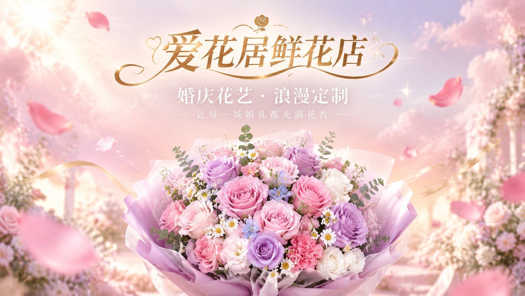 设计一张婚庆浪漫主题鲜花店主图Banner，16:9横版。画面… - 图片创意预览