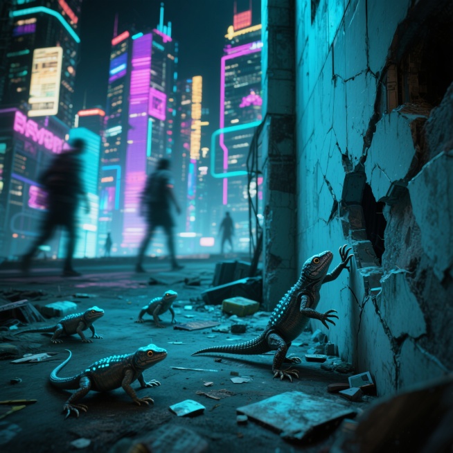 赛博朋克世界，前景是破败的建筑区域，墙体有破损痕迹，地面散落着杂物，几只泛着淡淡蓝光、外形类似小型爬行动物的生物正在活动，其中一只用爪子触碰墙面导致部分碎裂，远处有模糊的人影在快速移动；远景是灯光炫酷预览效果