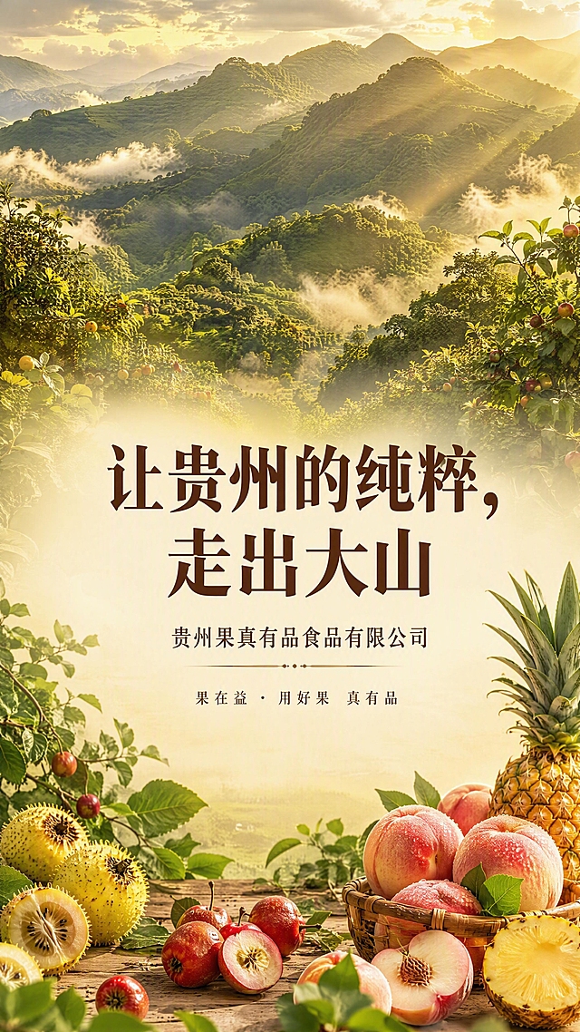 [第1张] 品牌简介详情页头图 — 贵州果真有品食品有限公司主视觉海报。
[氛围/风格] 自然温暖大气，贵州大山原生态风光，食品品牌质感，温馨质朴，商业摄影级画质。
[元素布局] 背景为贵州高山云雾缭绕的壮丽山景，阳光穿透云层洒下，山间有茂密的果树林；画面中下方区域留白用于文字展示；前景点缀新鲜水果元素（刺梨、山楂、蜜桃、凤梨等），自然散落；整体画面层次丰富，远山-中景树林-近景水果三层景深。
[光影质感] 清晨柔和自然光，从侧上方洒下，山间有丁达尔光效，水果表面有自然光泽，整体温暖通透。
[配色色系] 全局底色以暖绿色和暖黄色为主，山林翠绿，天空暖金，整体自然温暖色调；文字色为深棕色和白色。
[视角构图] 宽幅远景视角，山峦起伏有层次，视觉重心在中上部山景，文字区位于画面中下部分，阅读动线从上至下。
[文字版式] 主标题「让贵州的纯粹，走出大山」，大字体深棕色粗体，居中排列；副标题「贵州果真有品食品有限公司」，较小字体，位于主标题下方；底部小字「果在益 · 用好果 真有品」；文字不遮挡主体山景。
[比例分辨率] 9:16竖版比例，4K分辨率，文字清晰可辨，高清画质。
[负向提示词] 变形，水印，文字错乱，文字过小，颜色偏差，背景杂乱，人物出现，城市建筑。