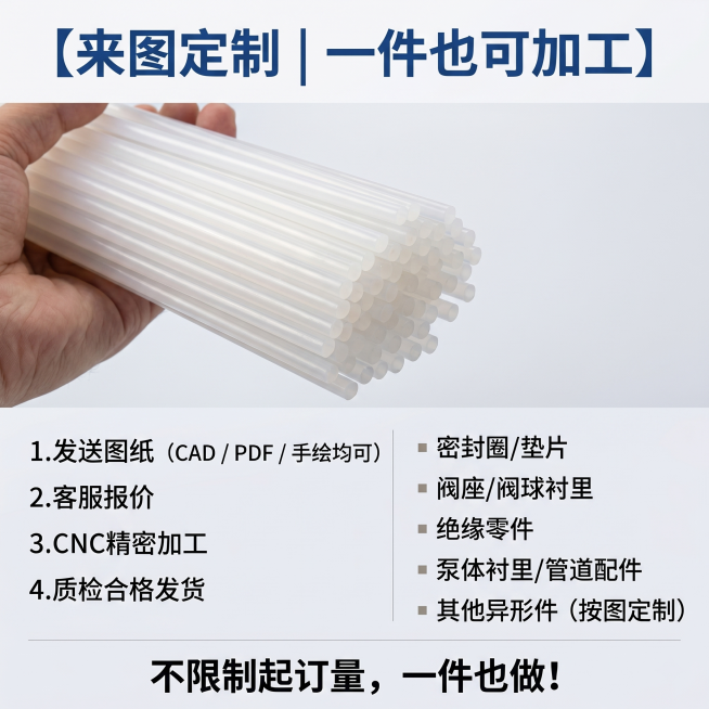 [主图 4] 机加工定制服务介绍。氛围风格：专业清晰工业风。画质：商业摄影质感、光线柔和通透、产品清晰真实、画面干净高级。元素：画面左上方放小直径PCTFE棒束产品图，保留产品半透奶白色质感，保持外观预览效果