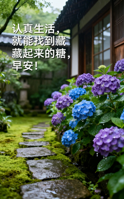 早安海报，温馨氛围感，日系庭院青苔石板路，庭院角落开满紫阳花，晨露挂在花瓣上，添加文字"认真生活，就能找到藏起来的糖，早安！"，清新治愈，绿色暖调预览效果