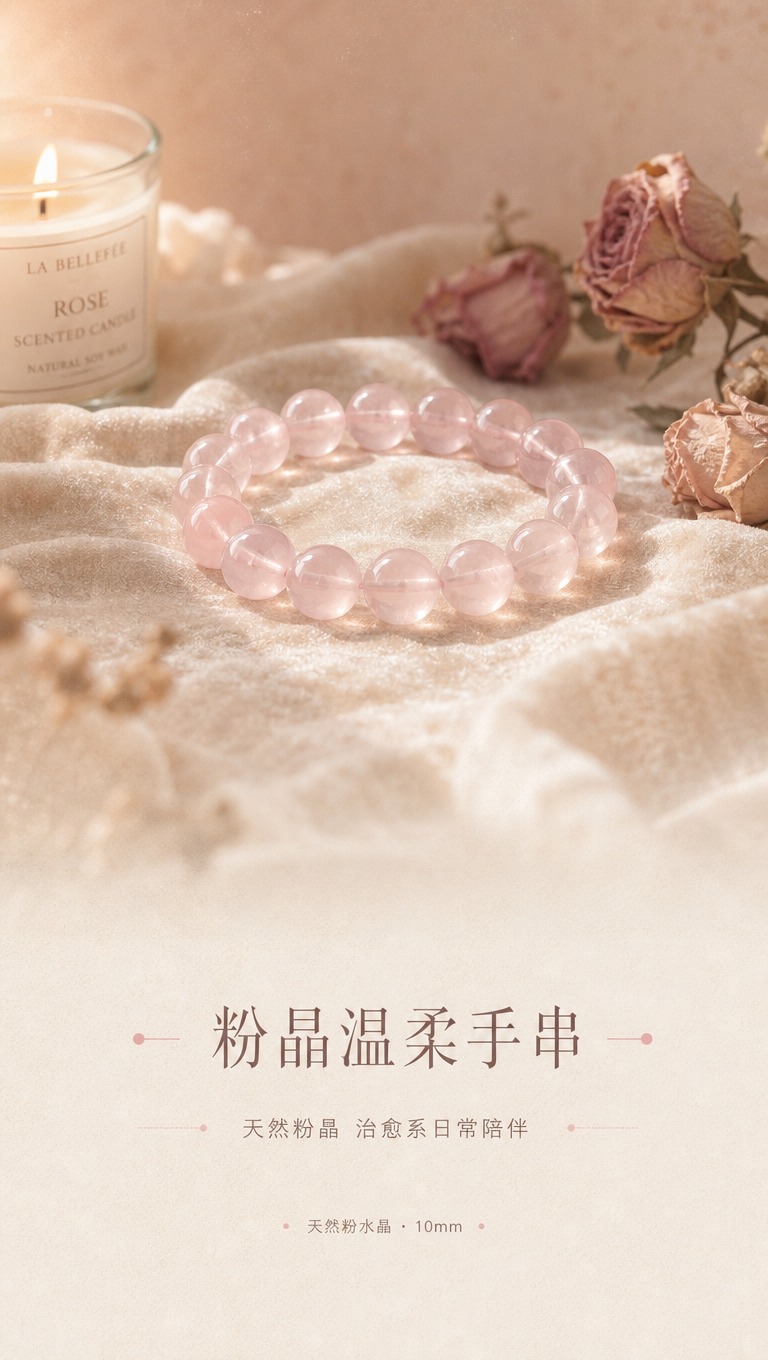 [商品] 天然粉水晶手串，10mm珠径，粉色通透水晶圆珠串成单… - 图片创意预览