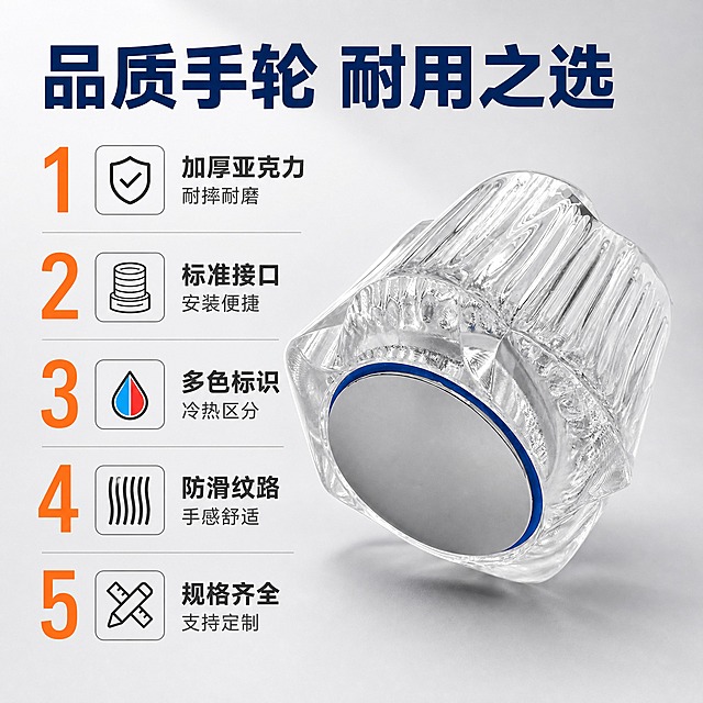 [主图-2] 产品亮点卖点图，核心任务是展示水龙头手轮的5大核心优势，用编号卖点导图形式呈现，让采购商快速了解产品价值。
[统一基调] 1688 B端工业风，浅灰色渐变背景，主标题深蓝色粗黑体，辅助文字深灰色，强调色橙色，整体清爽规整专业。
[画面] 画面右侧主体展示透明水晶手轮45度视角，占比约50%。左侧竖排5个编号卖点，1-5数字用橙色大号粗体，卖点文字深灰色。分别是：1 加厚亚克力 耐摔耐磨，2 标准接口 安装便捷，3 多色标识 冷热区分，4 防滑纹路 手感舒适，5 规格齐全 支持定制。每个卖点配简约线性小图标。顶部主标题：品质手轮 耐用之选。
[光影质感] 商业产品摄影质感，透明材质高光通透，金属内圈反光干净，底部柔和阴影，整体光线均匀。
[配色] 背景浅灰渐变，编号橙色，卖点文字深灰，主标题深蓝，与首图视觉统一。
[文字版式] 顶部主标题深蓝色粗体大字。左侧编号橙色大号数字+深灰色卖点文字，左对齐排列。字体统一黑体，数字字号大于文字，层级清晰。
[输出要求] 1:1正方形，产品清晰，文字清晰可读，排版整齐，无水印无平台logo，禁止变形错字模糊。