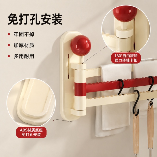 [主图-5] 分层置物架细节材质与安装优势展示。[氛围风格] 特写展示，突出产品品质细节。[画质] 商业摄影质感、光线柔和通透、产品清晰真实、画面干净高级。[元素] 特写展示分层置物架的转轴卡扣和挂杆预览效果
