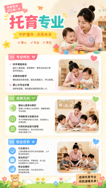 托育专业内容页，青春校园风，页面包含三个模块：专业特色、培养方向、就业优势，文字清晰排版，搭配可爱婴幼儿互动场景图片，整体风格活泼温馨，适配移动端H5展示预览效果