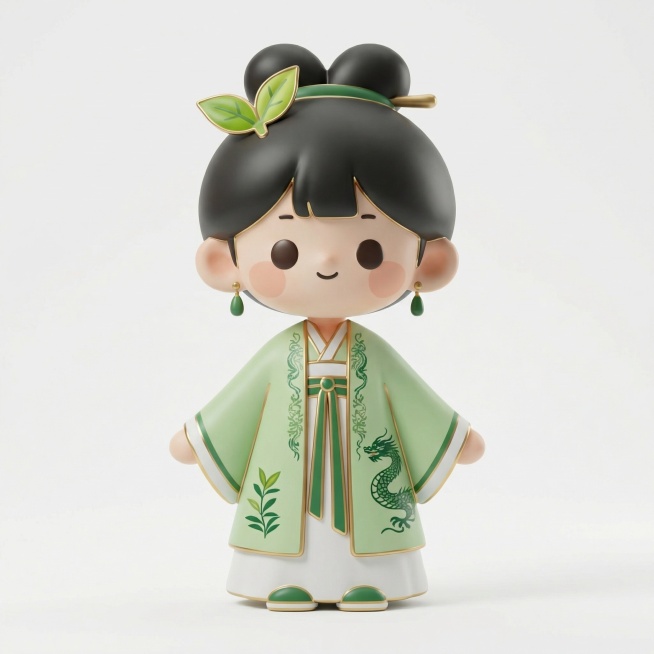 1:1复刻参考手绘生成Q版茶灵小仙3D手办IP原型，OC渲染器渲染，泡泡玛特潮玩风格，3D立体，Q版可爱，哑光陶瓷材质，釉面温润，浅金描边，超写实产品摄影，纯色白色背景，细节丰富，和手绘构图造型完全一预览效果