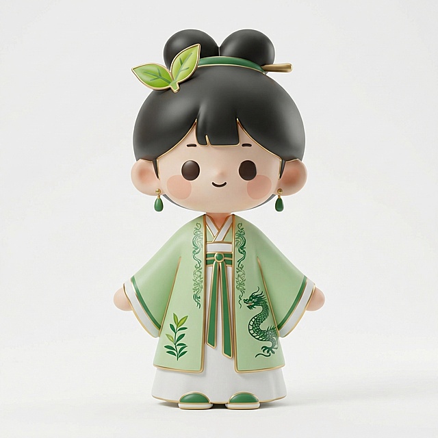 1:1复刻参考手绘生成Q版茶灵小仙3D手办IP原型，OC渲染器渲染，泡泡玛特潮玩风格，3D立体，Q版可爱，哑光陶瓷材质，釉面温润，浅金描边，超写实产品摄影，纯色白色背景，细节丰富，和手绘构图造型完全一致，无任何原创修改，保持原设计的汉服纹样、绿色系配色和发饰叶子装饰