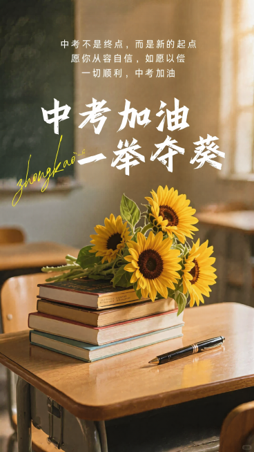 参考原图片风格，制作中考加油主题海报，画面为教室课桌上堆叠着几本书籍，书上放着一束向日葵，旁边放着一支钢笔；主标题为"中考加油 一举夺葵"，字体为大气毛笔书法风格，黄色手写字体"zhongkao"作为预览效果