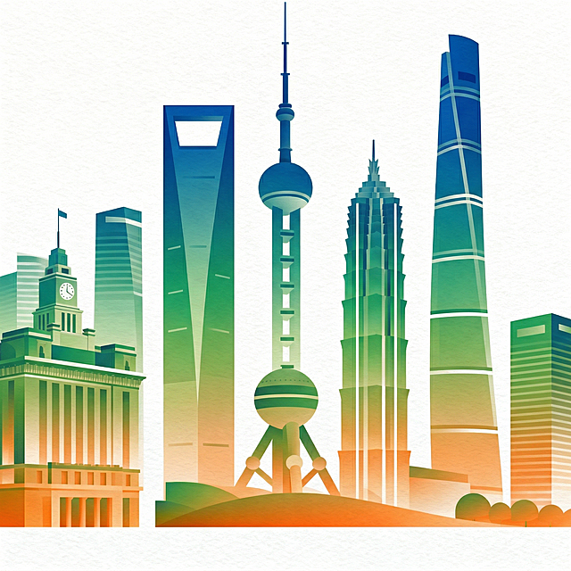 将上海城市天际线图改为橙色、绿色和蓝色渐变效果，保持白色背景。建筑轮廓保持不变，但颜色从橙色过渡到绿色再到蓝色，形成平滑的渐变效果。