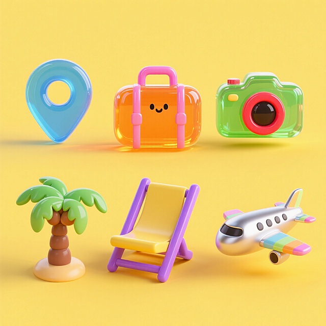 6个Q版图标（元素独立区域）：定位图标、旅行箱、相机、沙滩椅、椰子树、飞机，撞色，黄色背景，上下两行对齐排列