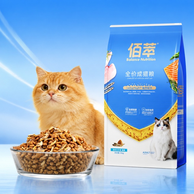 猫粮产品组合，包含猫粮包装和猫粮颗粒。猫粮包装在画面右侧，猫粮颗粒装在玻璃碗里放在画面左侧，左侧还加入图3的橘猫。背景使用图2的蓝色渐变背景，整体保持清爽干净的电商风格。猫粮包装、猫粮颗粒和橘猫都严格预览效果
