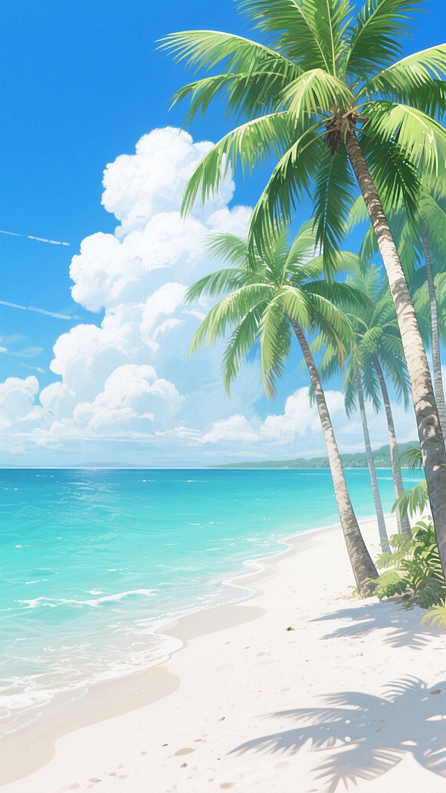 热带海滩场景，动漫风格插画，纯净细腻的白色沙滩，岸边高大茂盛的绿色椰子树，树影斑驳，清澈透亮的蓝绿色海水，远处海平面与湛蓝天空相接，点缀着蓬松的白色云朵，整体色调明快清新，光影柔和，营造出宁静惬意的夏日度假氛围。