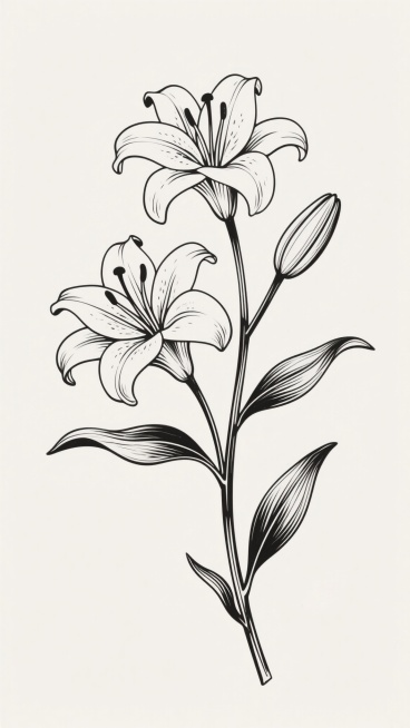 一张百合花的黑白线稿插画，画面中有两朵盛开的百合花和一个含苞待放的花骨朵，它们生长在同一根茎上，周围有几片长长的叶子。线条流畅细腻，清晰地勾勒出花朵和叶子的轮廓及纹理，整体风格简约清新，具有很强的装饰性。预览效果
