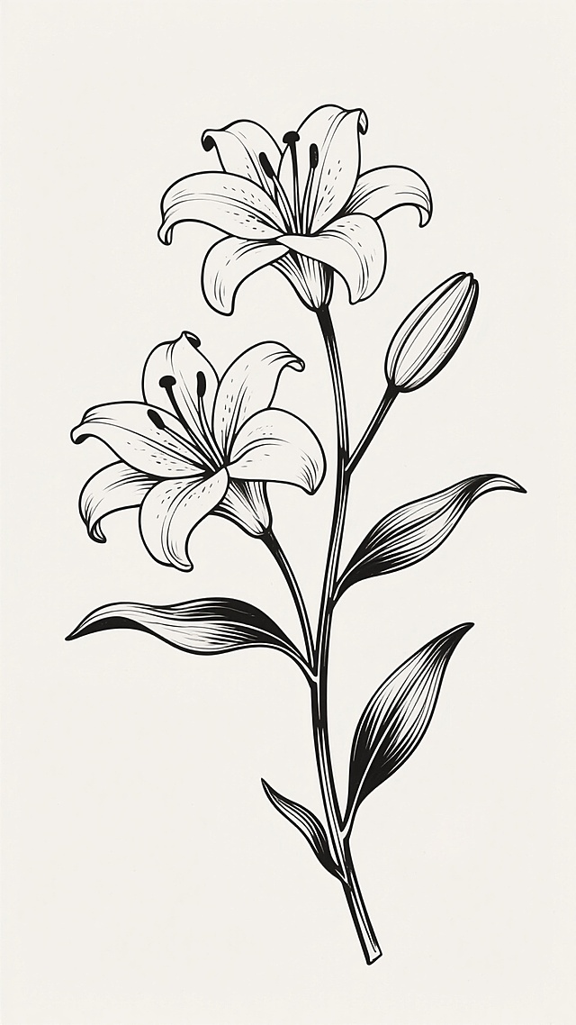 一张百合花的黑白线稿插画，画面中有两朵盛开的百合花和一个含苞待放的花骨朵，它们生长在同一根茎上，周围有几片长长的叶子。线条流畅细腻，清晰地勾勒出花朵和叶子的轮廓及纹理，整体风格简约清新，具有很强的装饰性。