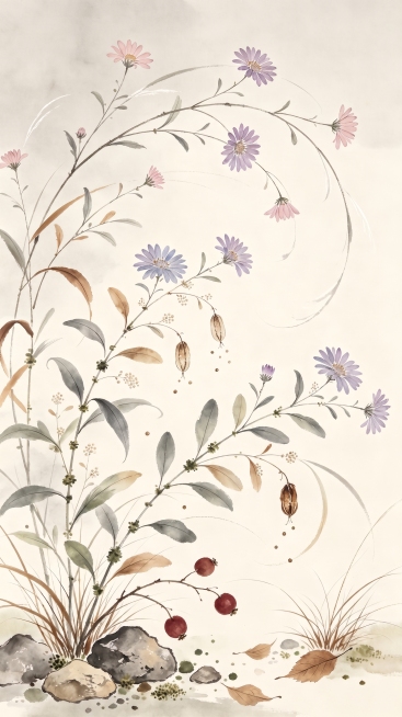 重新生成这幅国风植物花卉水彩画，保留原有的构图和画面风格，去除所有文字，保留原图的浅米色背景，画面包含马兰花草、野菊、红果和石头，保持整体淡雅水墨风格预览效果